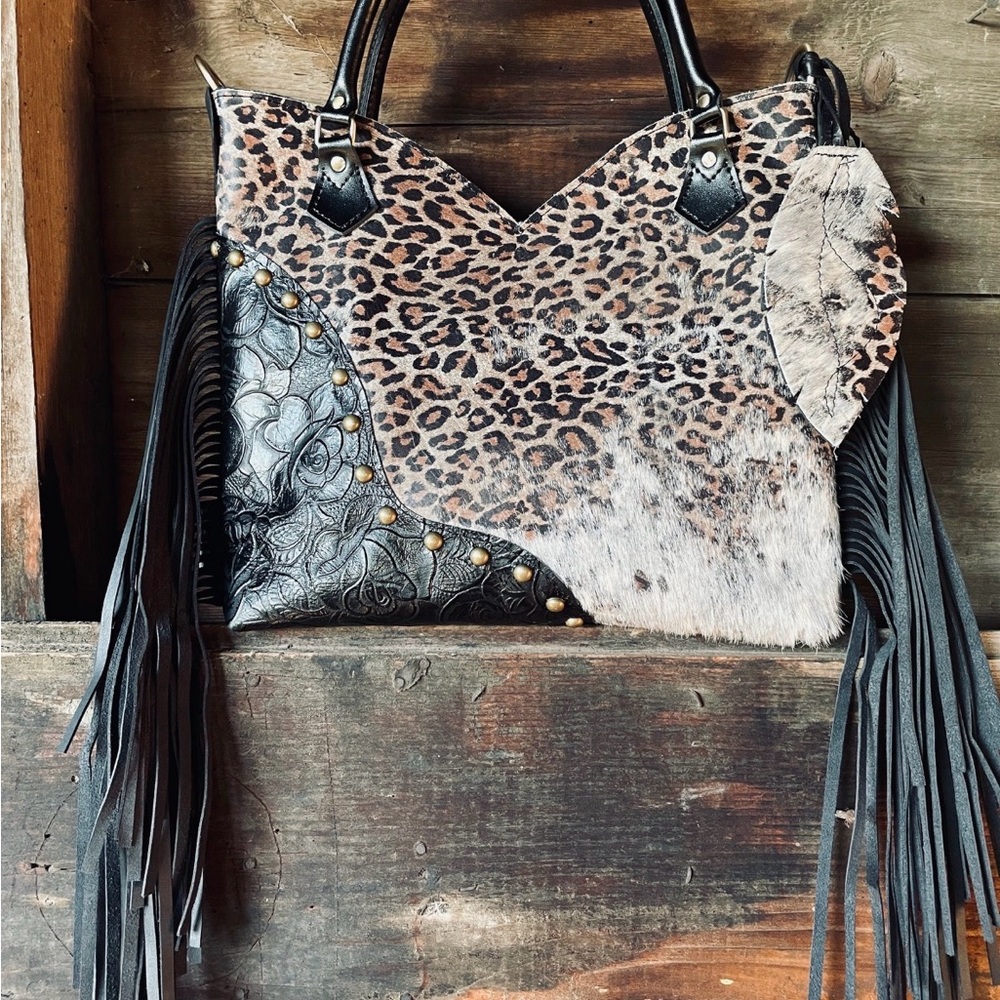 Leopard Print Fringe Shoulder Bag with Black Leather Accents